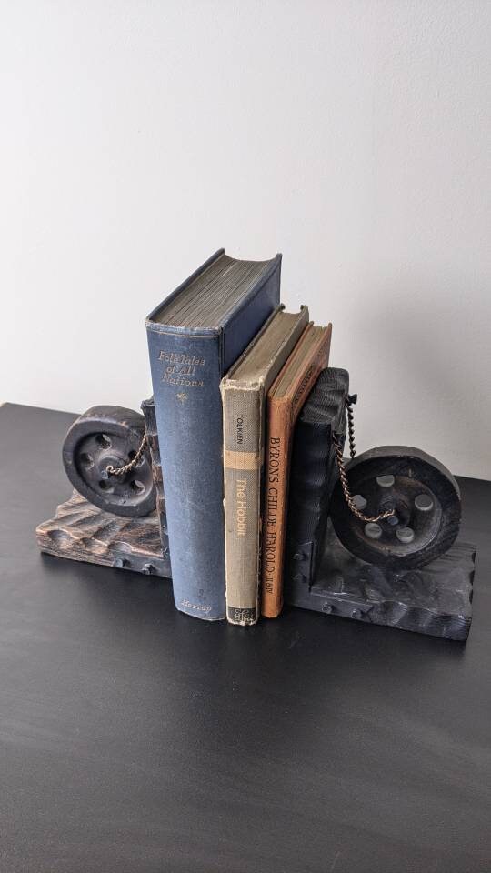 Mid Century Pulley Wheel Bookends, Handcarved Rustic Industrial Medieval Style