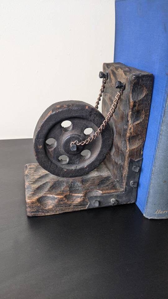 Mid Century Pulley Wheel Bookends, Handcarved Rustic Industrial Medieval Style