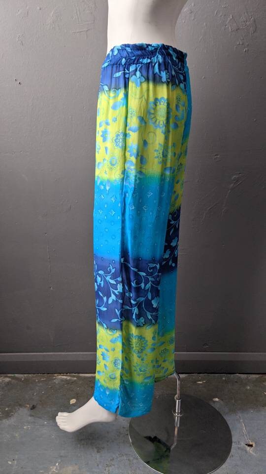90s Wide Leg Summer Trousers, Retro Floral Stripe, Size Medium