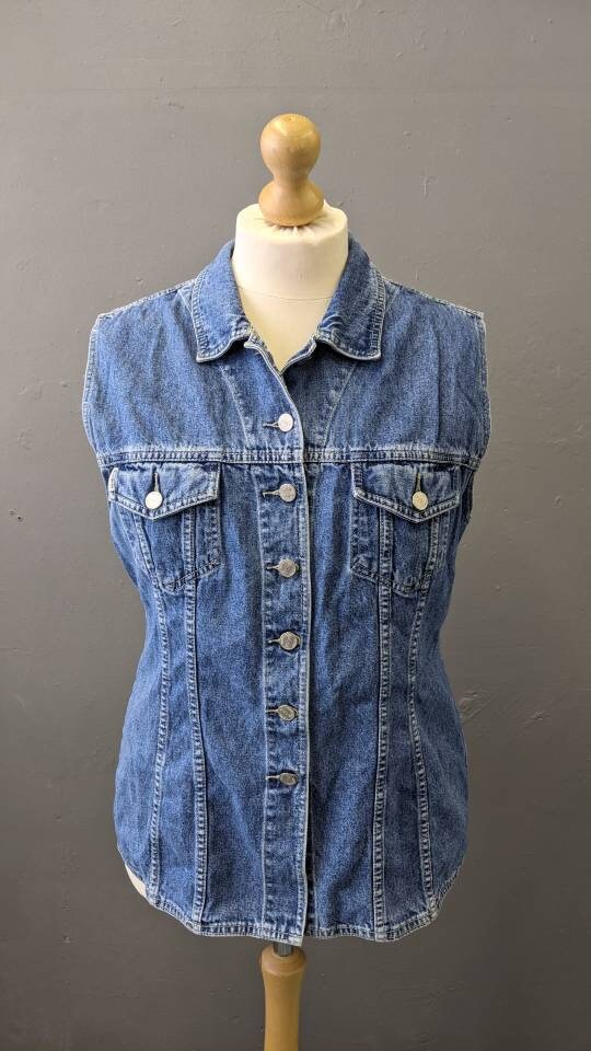 Vintage Denim Vest, 90s Trucker Gilet, Sleeveless Jean Jacket, Plus Size XL