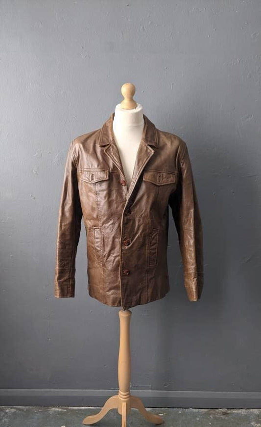 Brown Leather Blazer by River Island, Mens Y2K Casual Suit Jacket, Size Medium 42 Chest