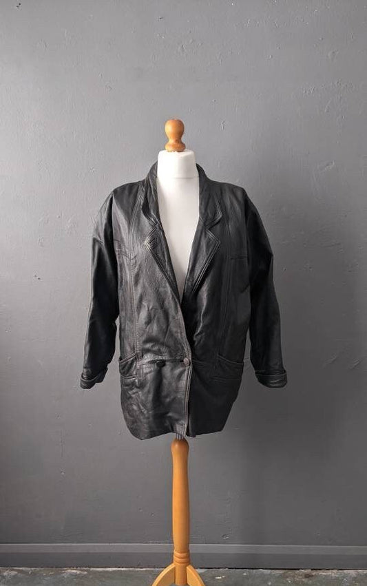 80s Oversized Leather Jacket, Distressed Cocoon Coat, Size Medium