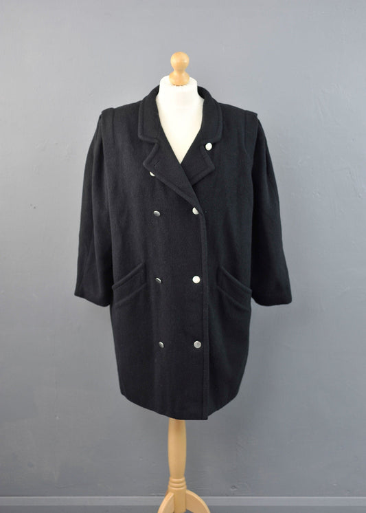 80s Plus Size Wool Blend Coat, Double Breasted Oversized Jacket, Size XXL