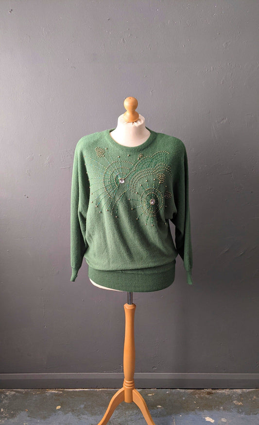 80s Beaded Sweater, Khaki Green Vegan Acrylic Jumper, Size XL
