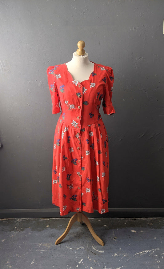 80s Cotton Dirndl Dress with Edelweiss, German Folk Costume, Size Medium Large