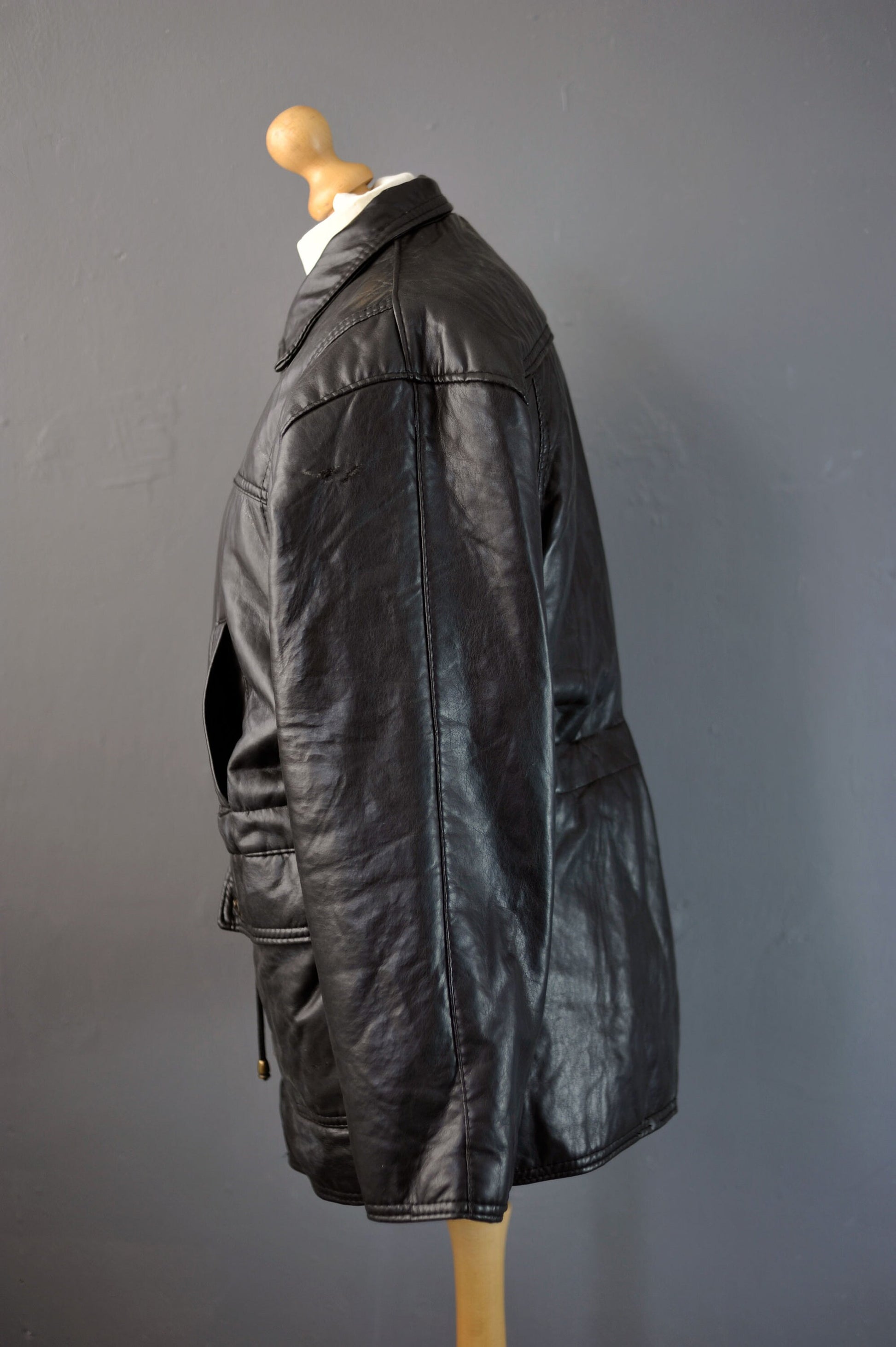 90s PVC Leatherette Parka, Vegan Leather Hip Long Coat, Size Large
