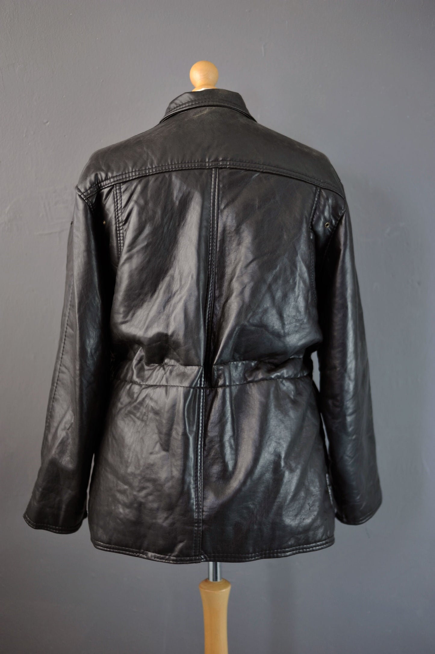90s PVC Leatherette Parka, Vegan Leather Hip Long Coat, Size Large