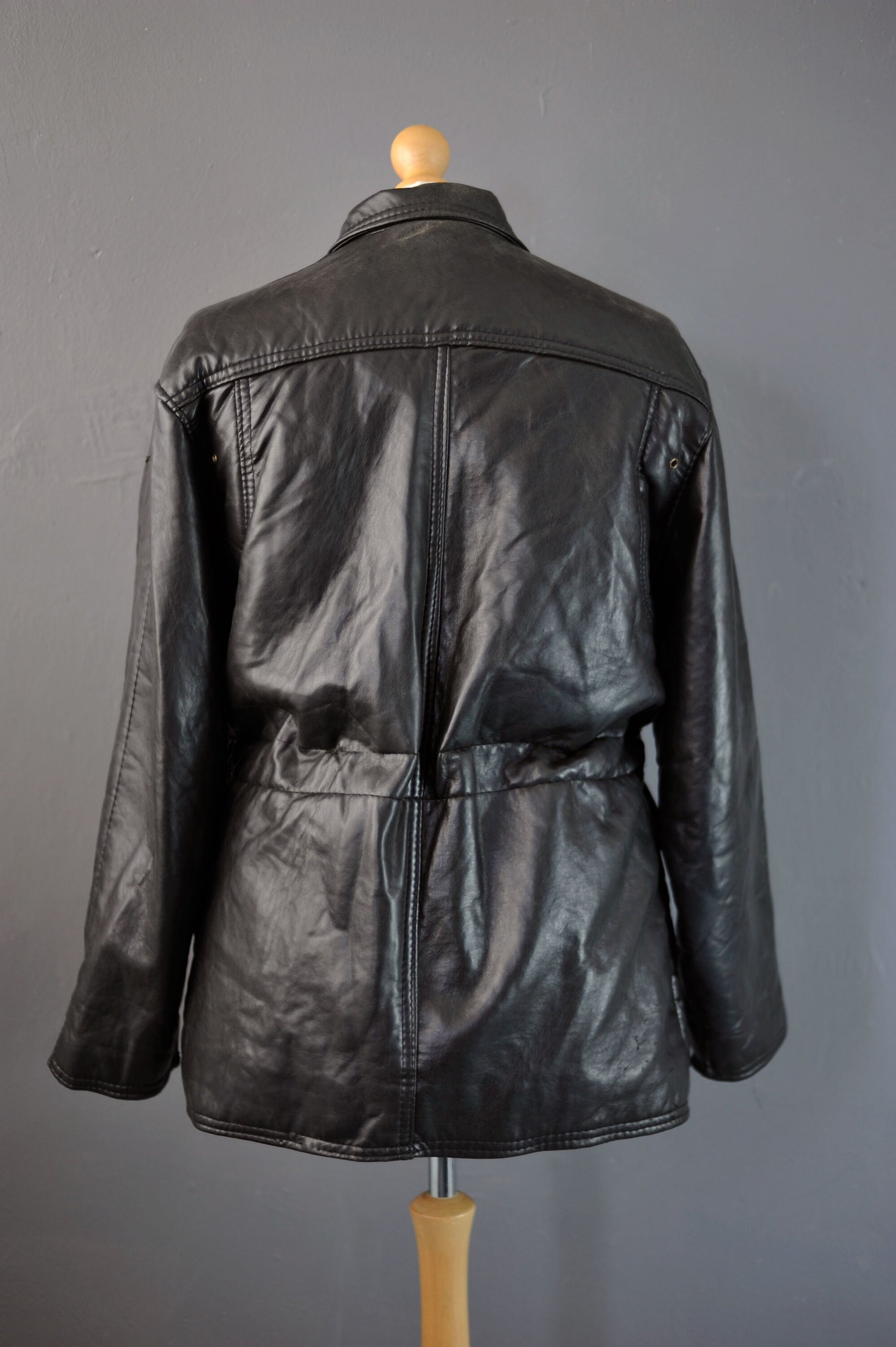 90s PVC Leatherette Parka, Vegan Leather Hip Long Coat, Size Large
