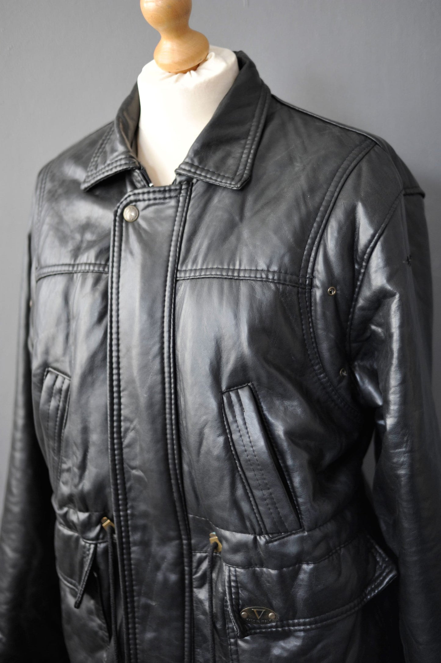 90s PVC Leatherette Parka, Vegan Leather Hip Long Coat, Size Large