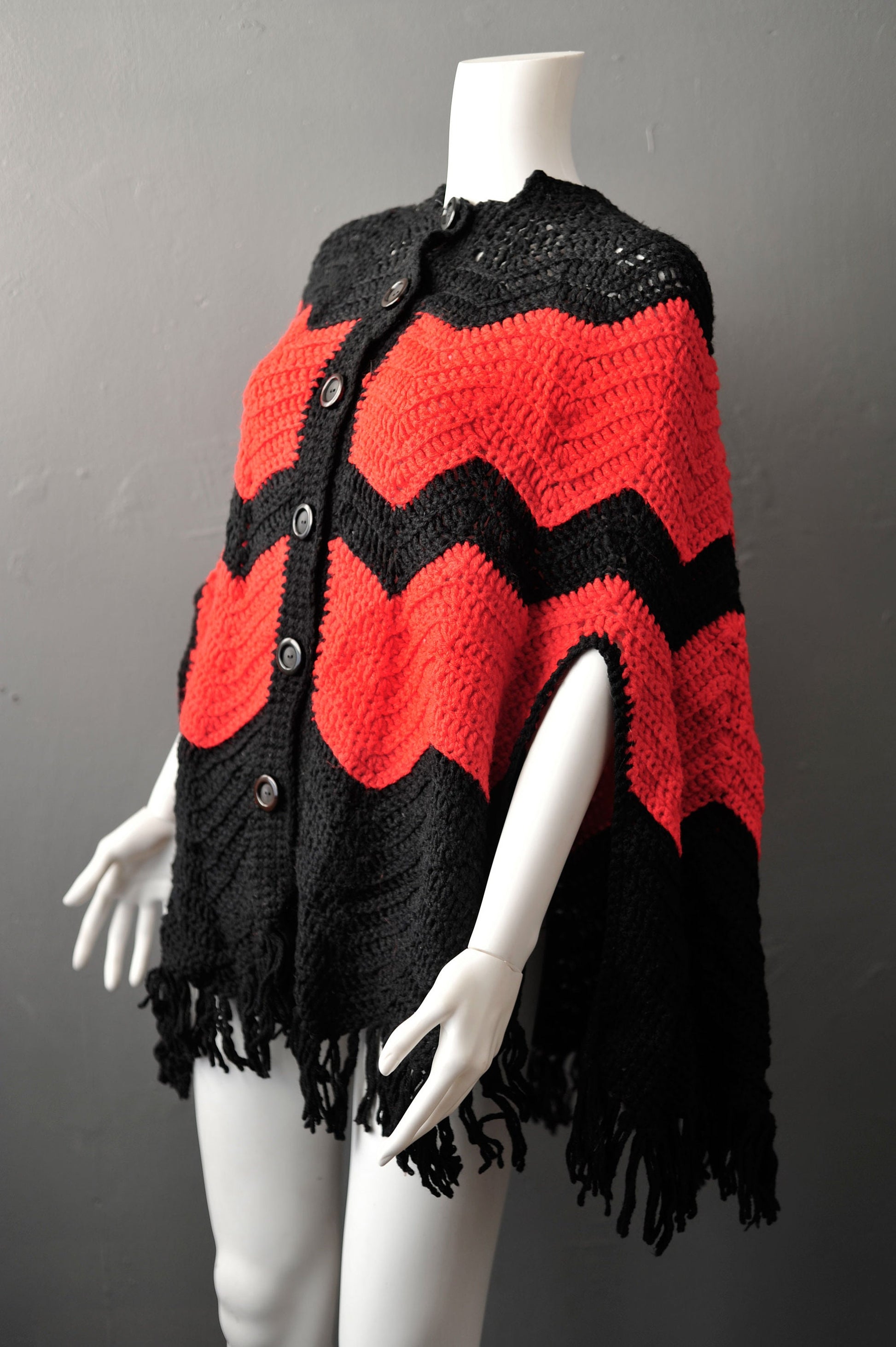 70s Zigzag Knit Poncho with Tassel Fringe, Vintage Handmade Cape, One Size