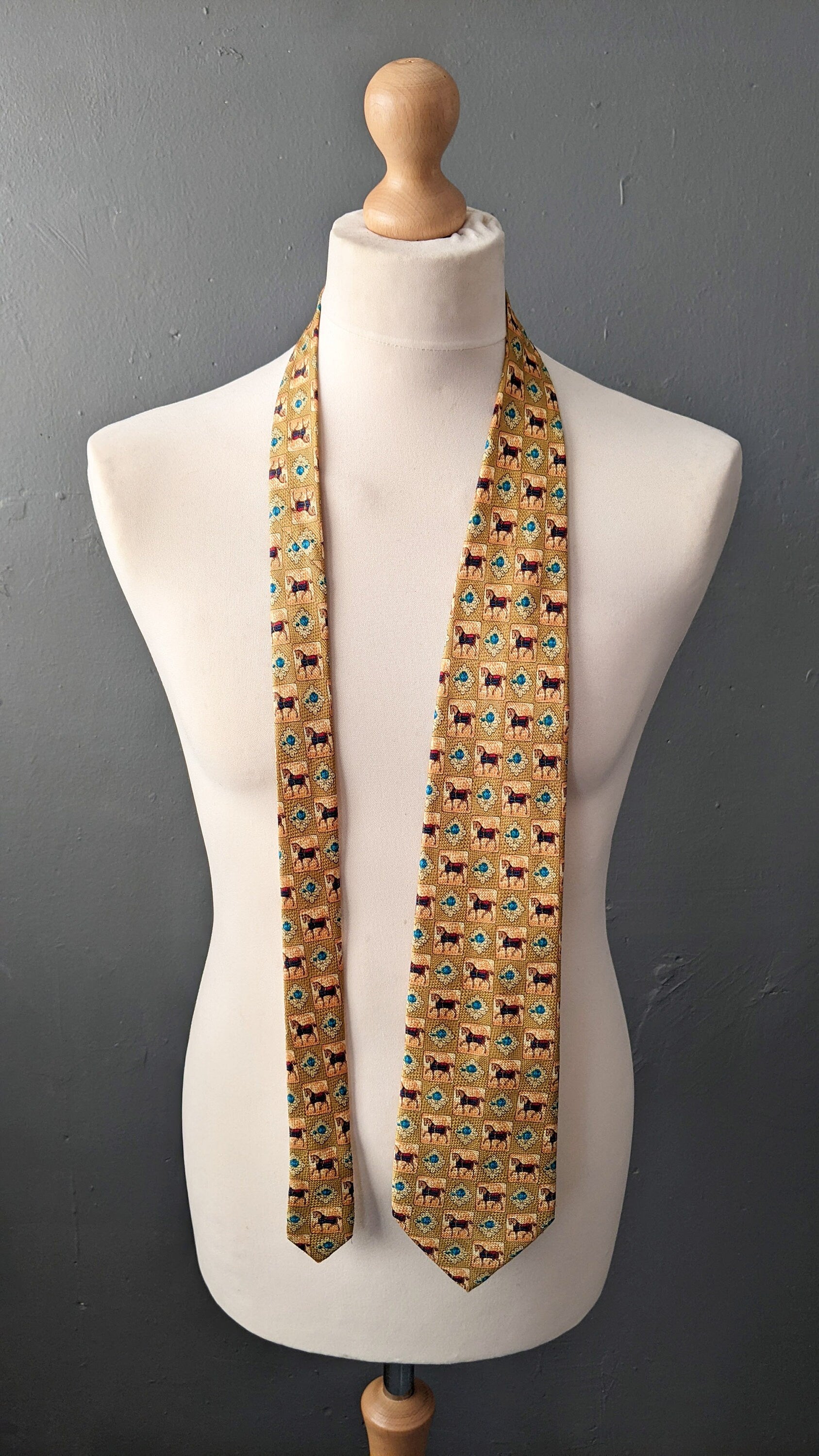 80s Wide Silk Tie by Ervé Jacques, Horses Kipper Necktie, Equestrian Gift