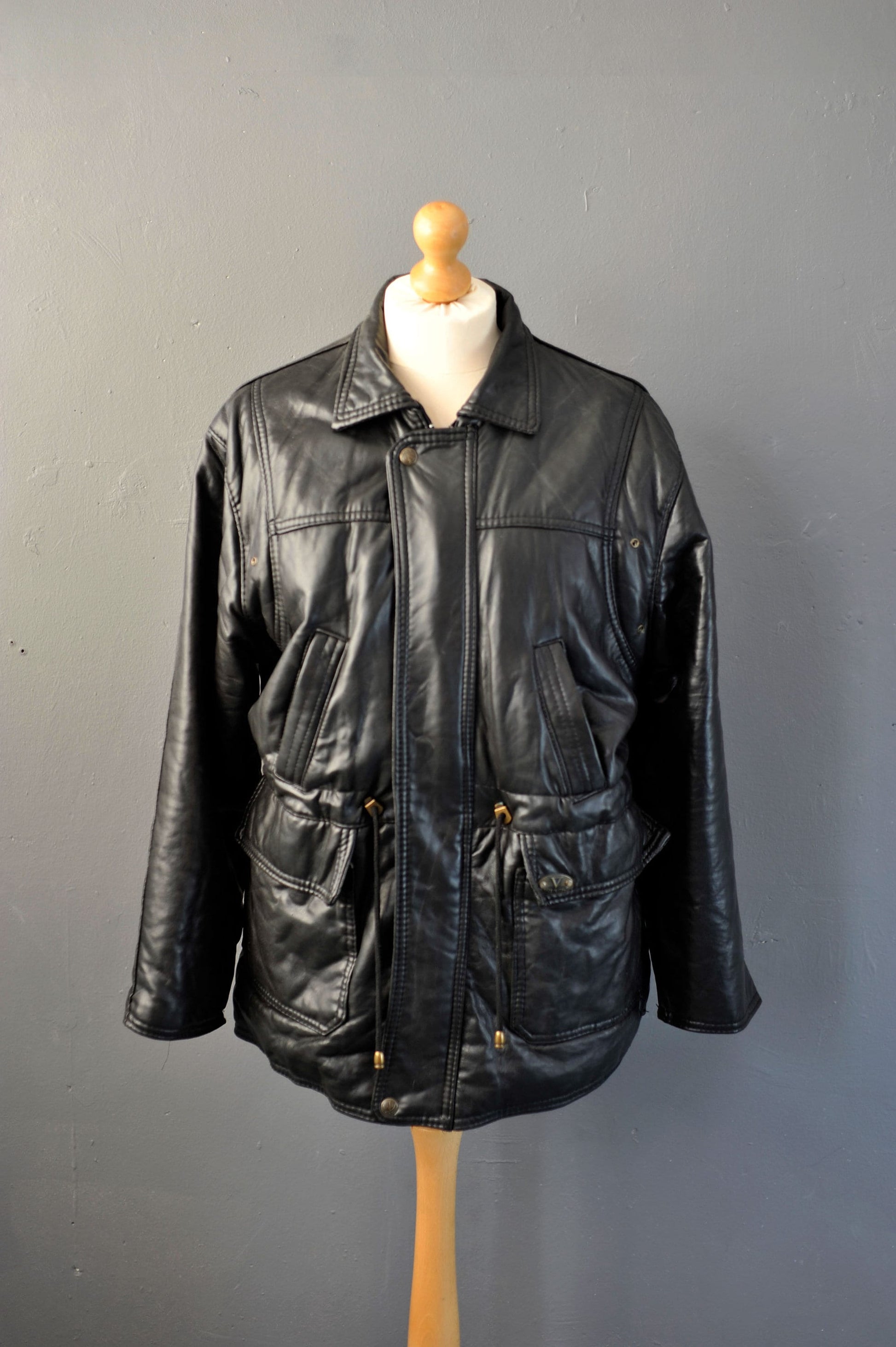 90s PVC Leatherette Parka, Vegan Leather Hip Long Coat, Size Large