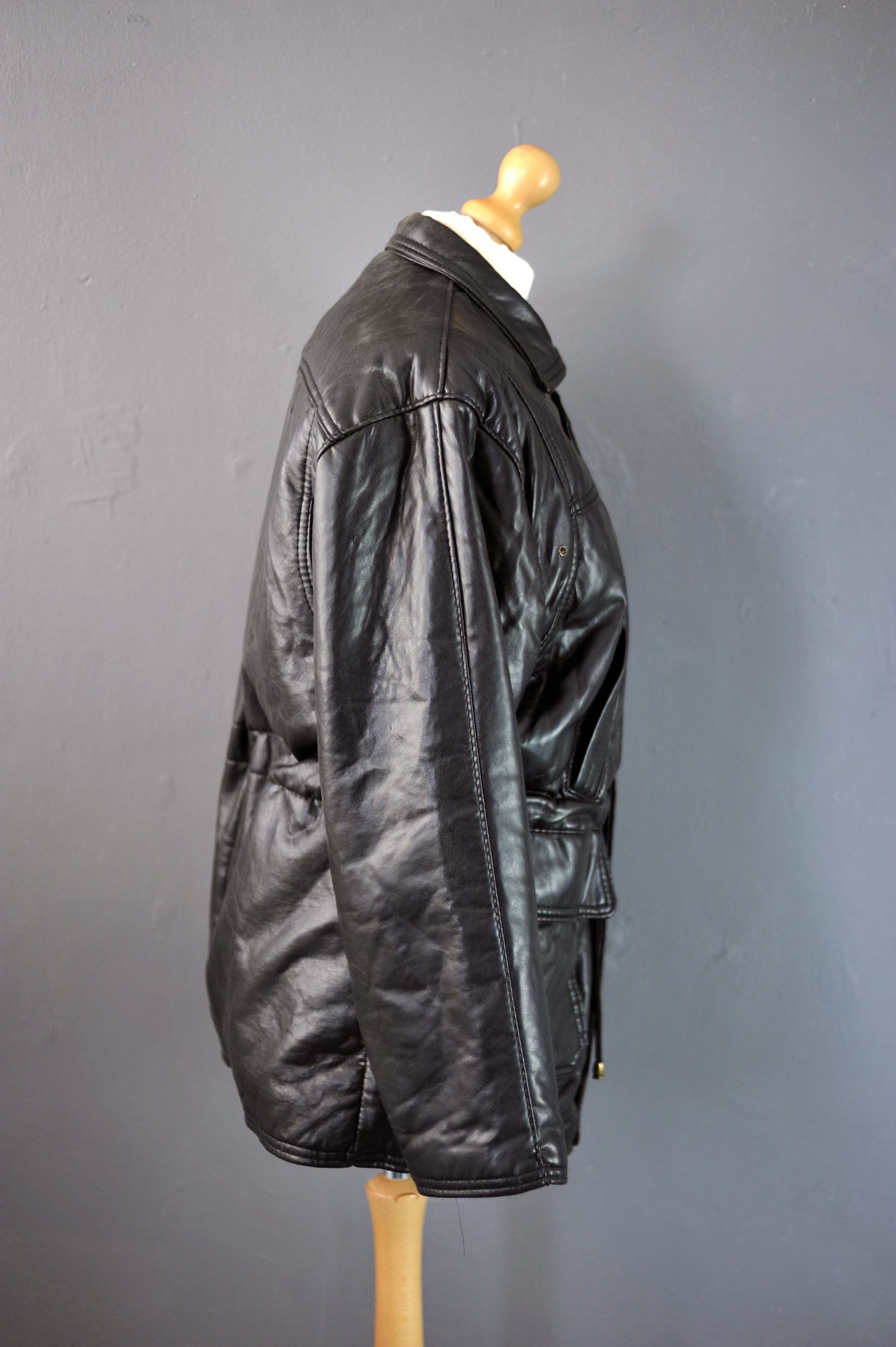 90s PVC Leatherette Parka, Vegan Leather Hip Long Coat, Size Large