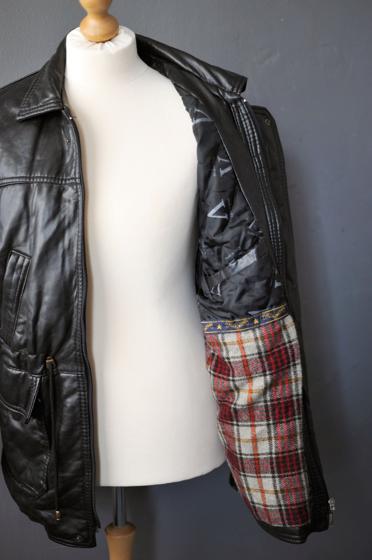 90s PVC Leatherette Parka, Vegan Leather Hip Long Coat, Size Large