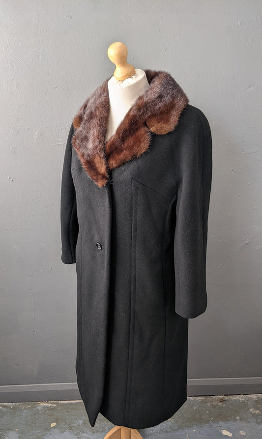 70s Thick Wool Coat with Mink Fur Collar, Tailored Winter Overcoat, Plus Size
