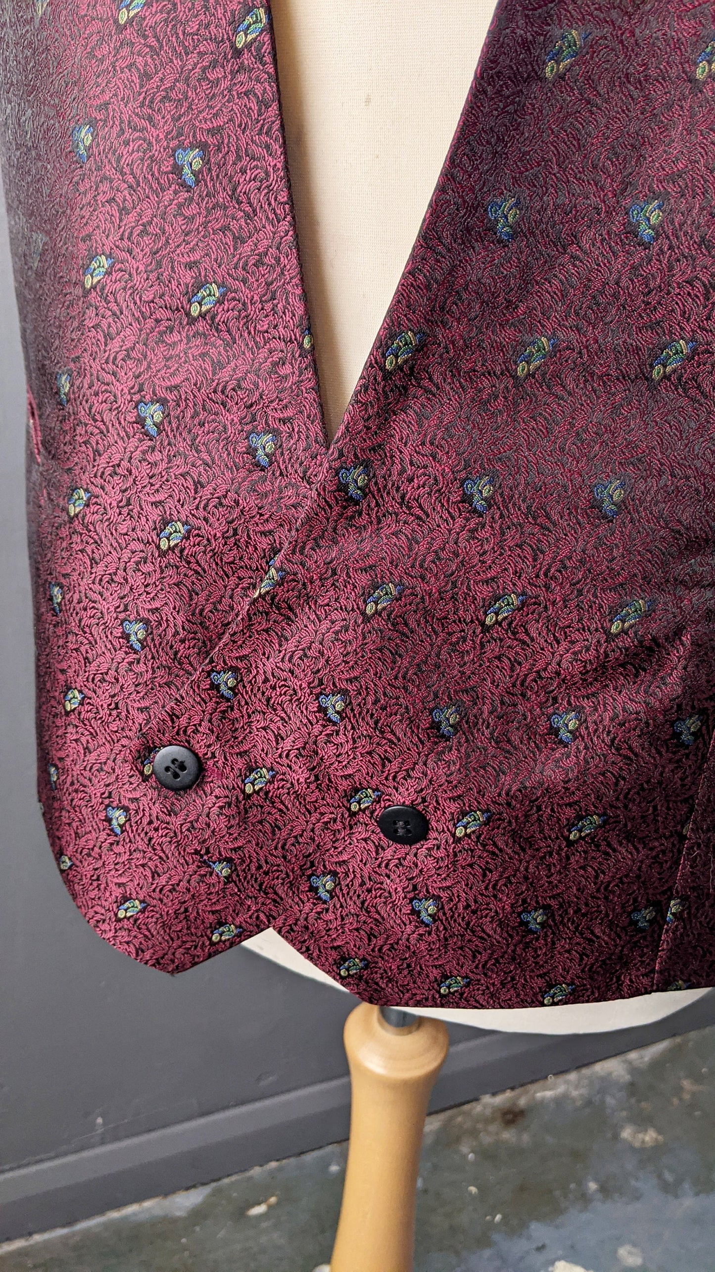 Wine Red Brocade Waistcoat, 80s Vintage Grooms Vest, 46 Chest Size Large