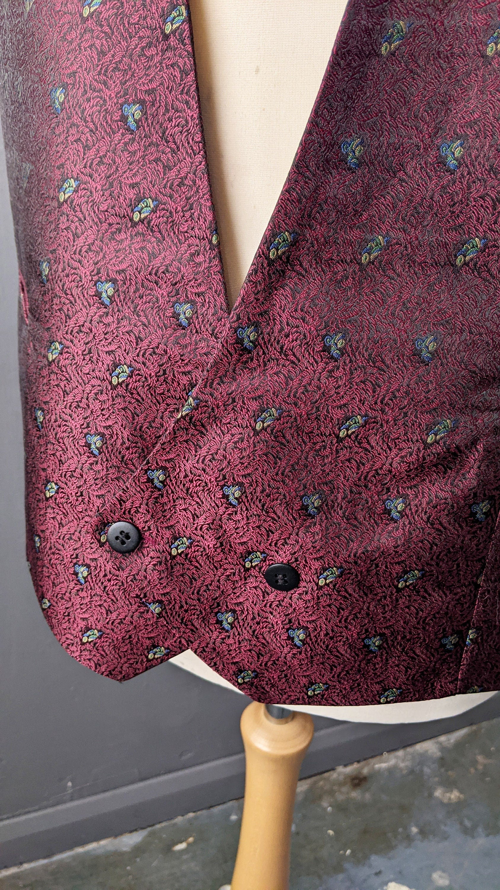 Wine Red Brocade Waistcoat, 80s Vintage Grooms Vest, 46 Chest Size Large