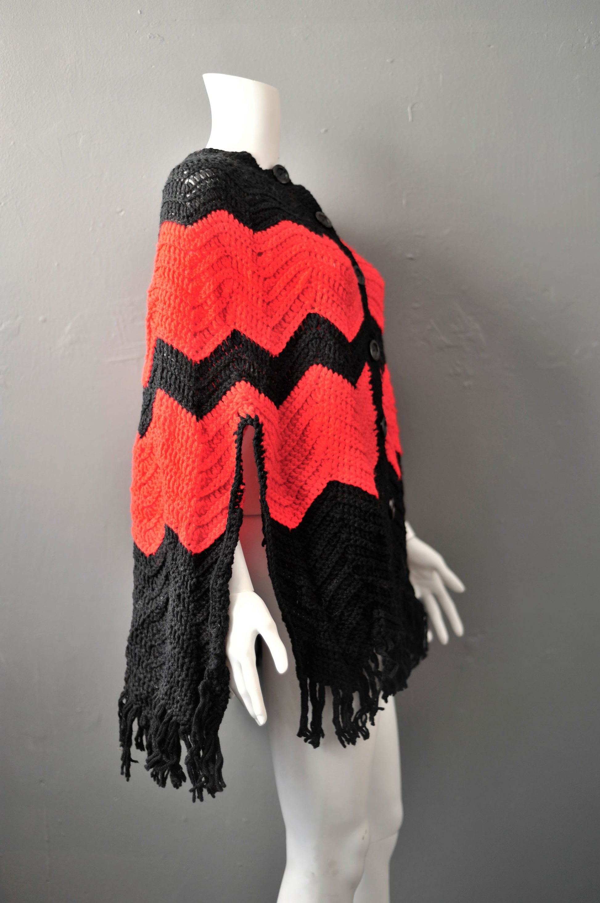 70s Zigzag Knit Poncho with Tassel Fringe, Vintage Handmade Cape, One Size