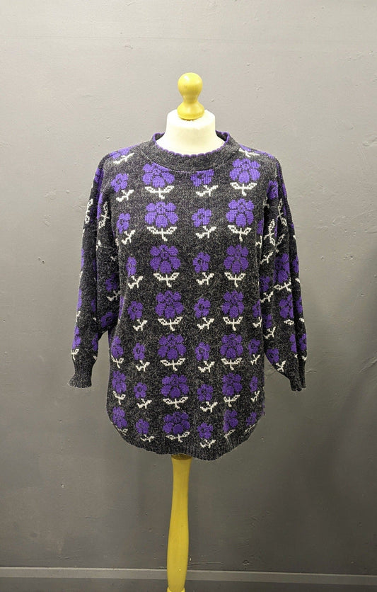 80s Purple Flower Long Sweater by Seven Valleys, Kitsch Jumper, Plus Size XL