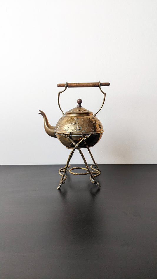 Antique Art Nouveau Spirit Kettle by Carl Deffner, Brass Gingko Embossed Metal Teapot
