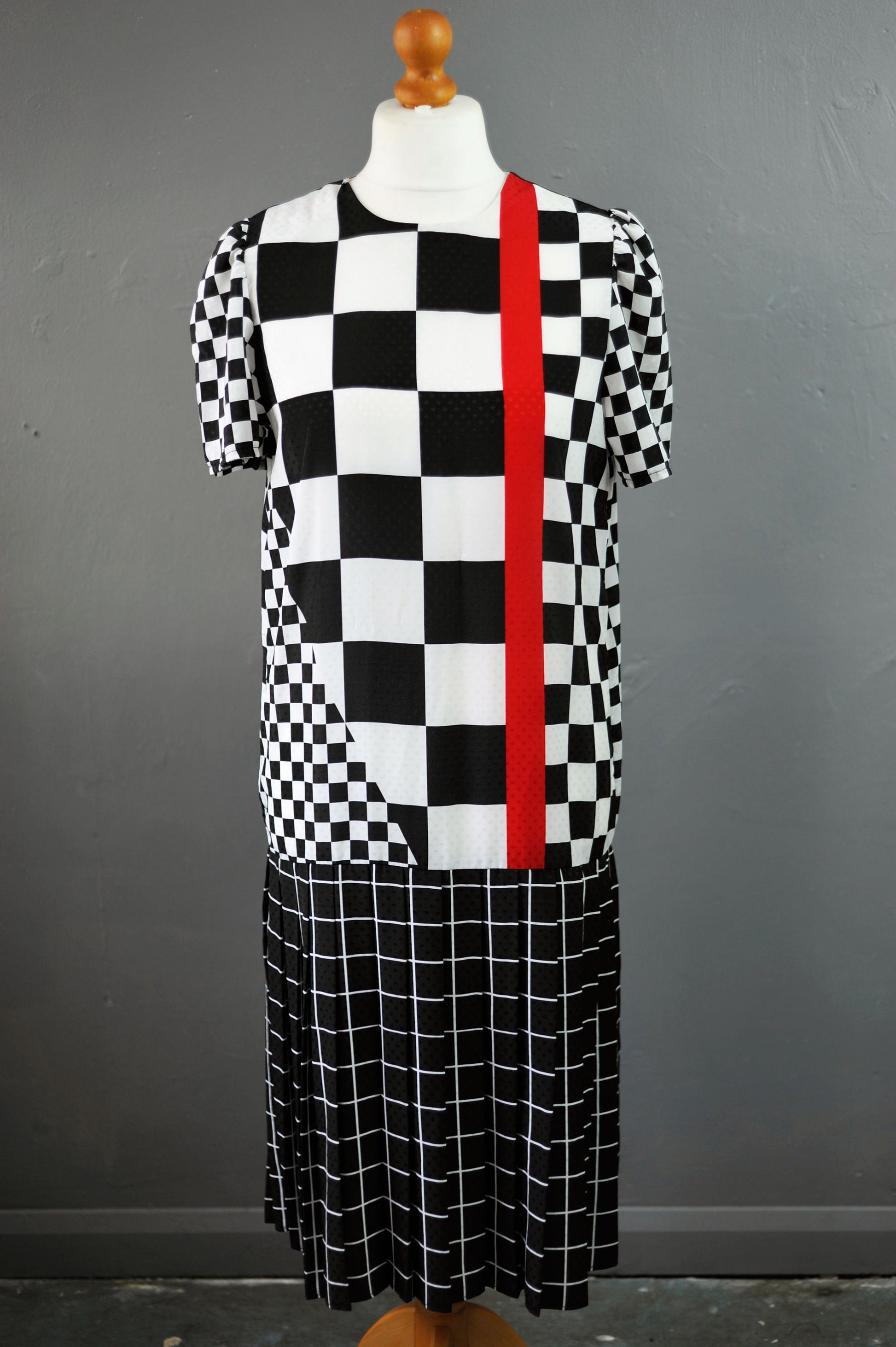 80s Grand Prix Checkered Dress with Pleated Drop Waist, Racing Checks, Size Medium