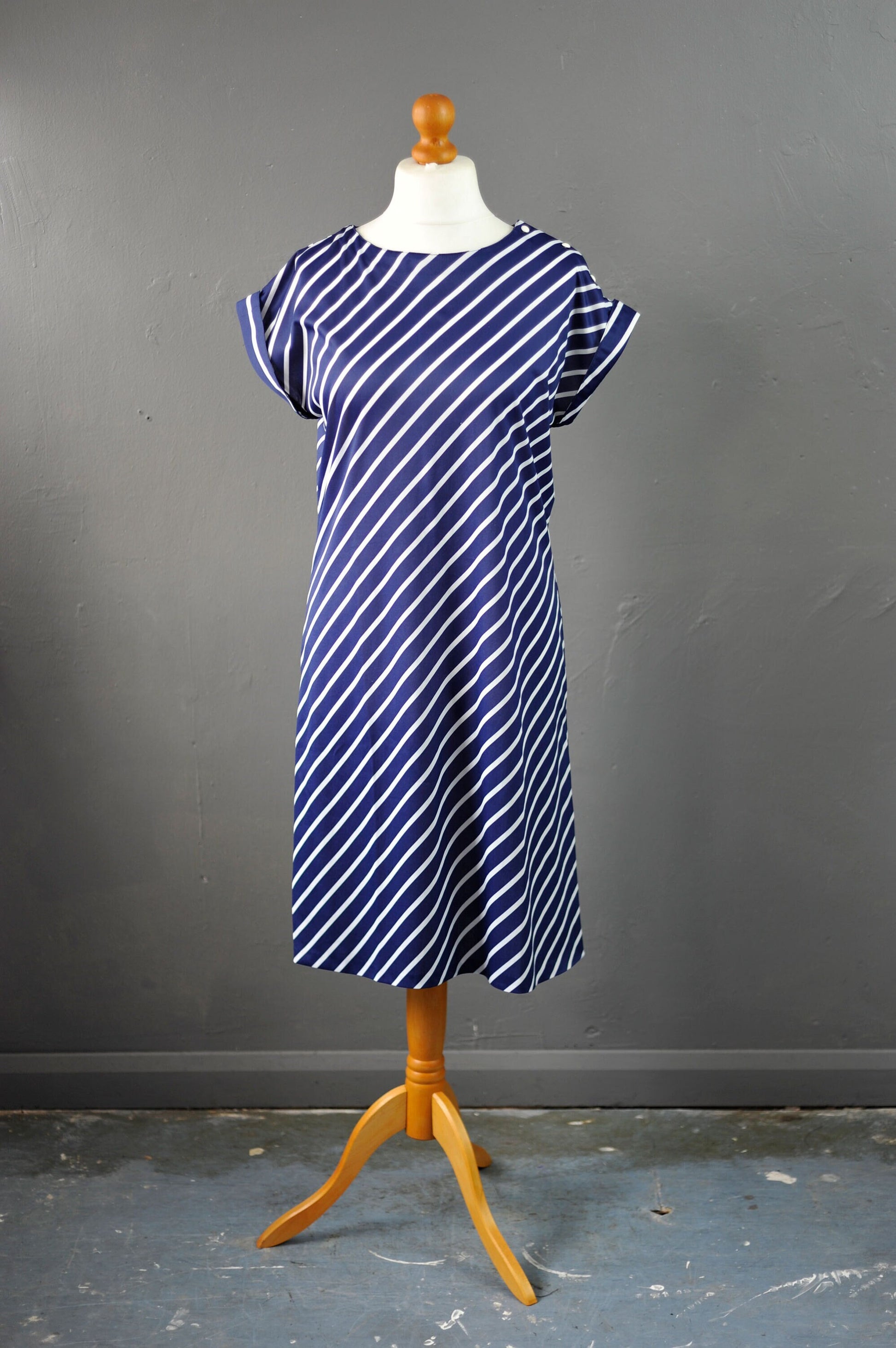 80s Navy Blue Tunic Dress with White Diagonal Stripes, Nautical New Wave, Size Medium