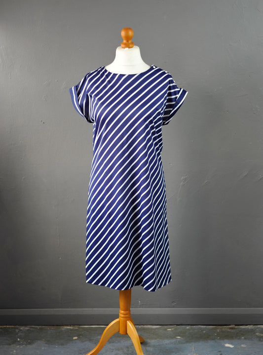 80s Navy Blue Tunic Dress with White Diagonal Stripes, Nautical New Wave, Size Medium