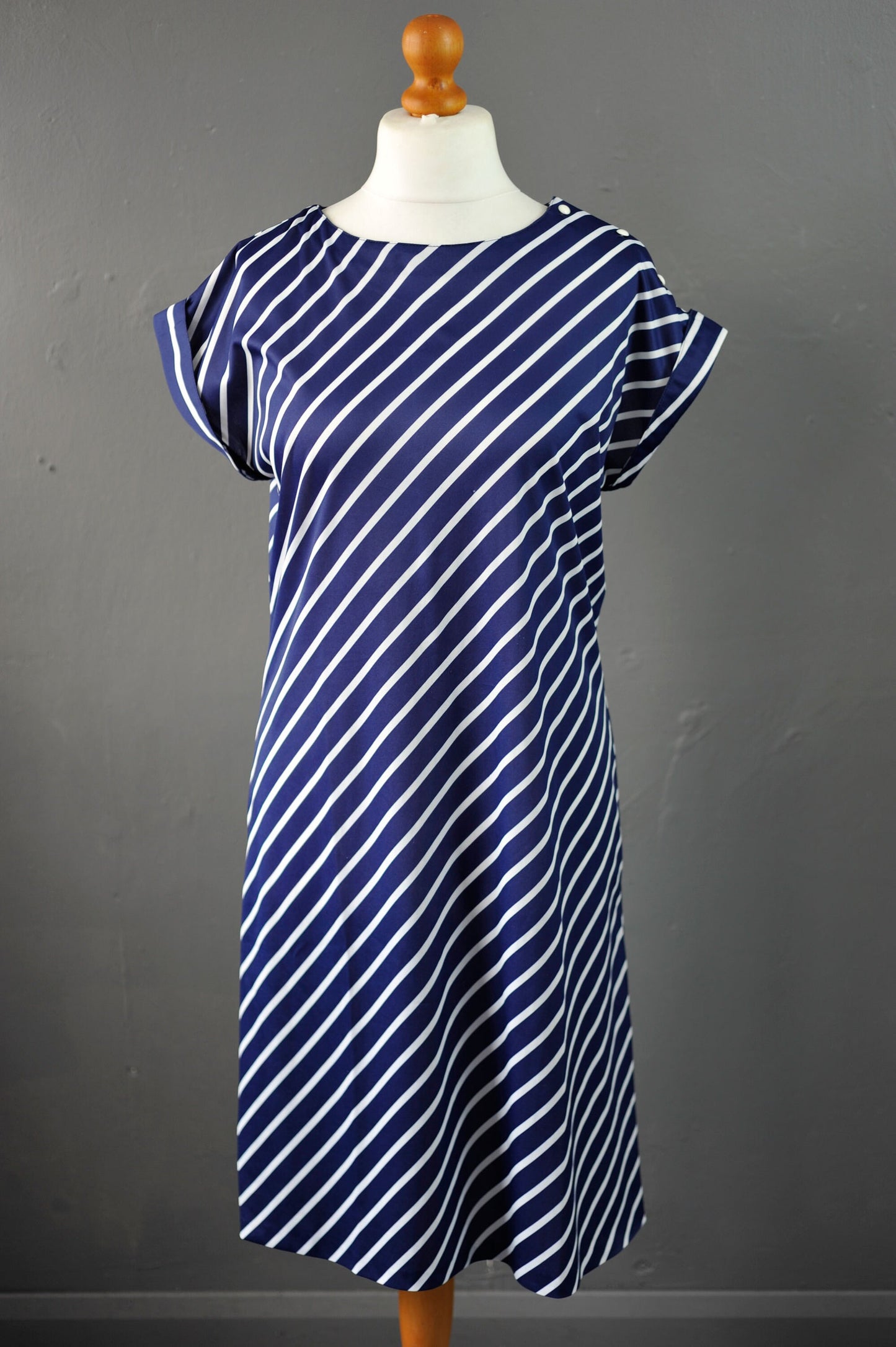 80s Navy Blue Tunic Dress with White Diagonal Stripes, Nautical New Wave, Size Medium