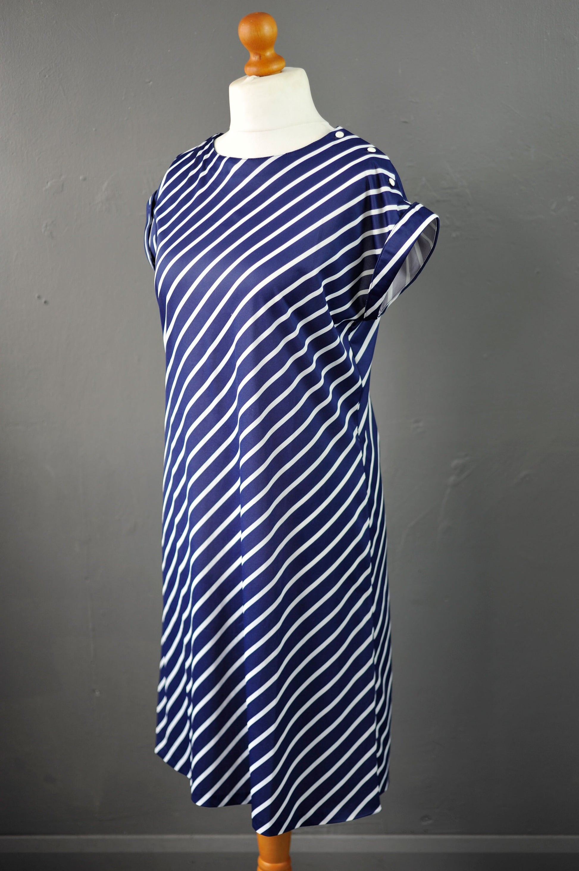 80s Navy Blue Tunic Dress with White Diagonal Stripes, Nautical New Wave, Size Medium