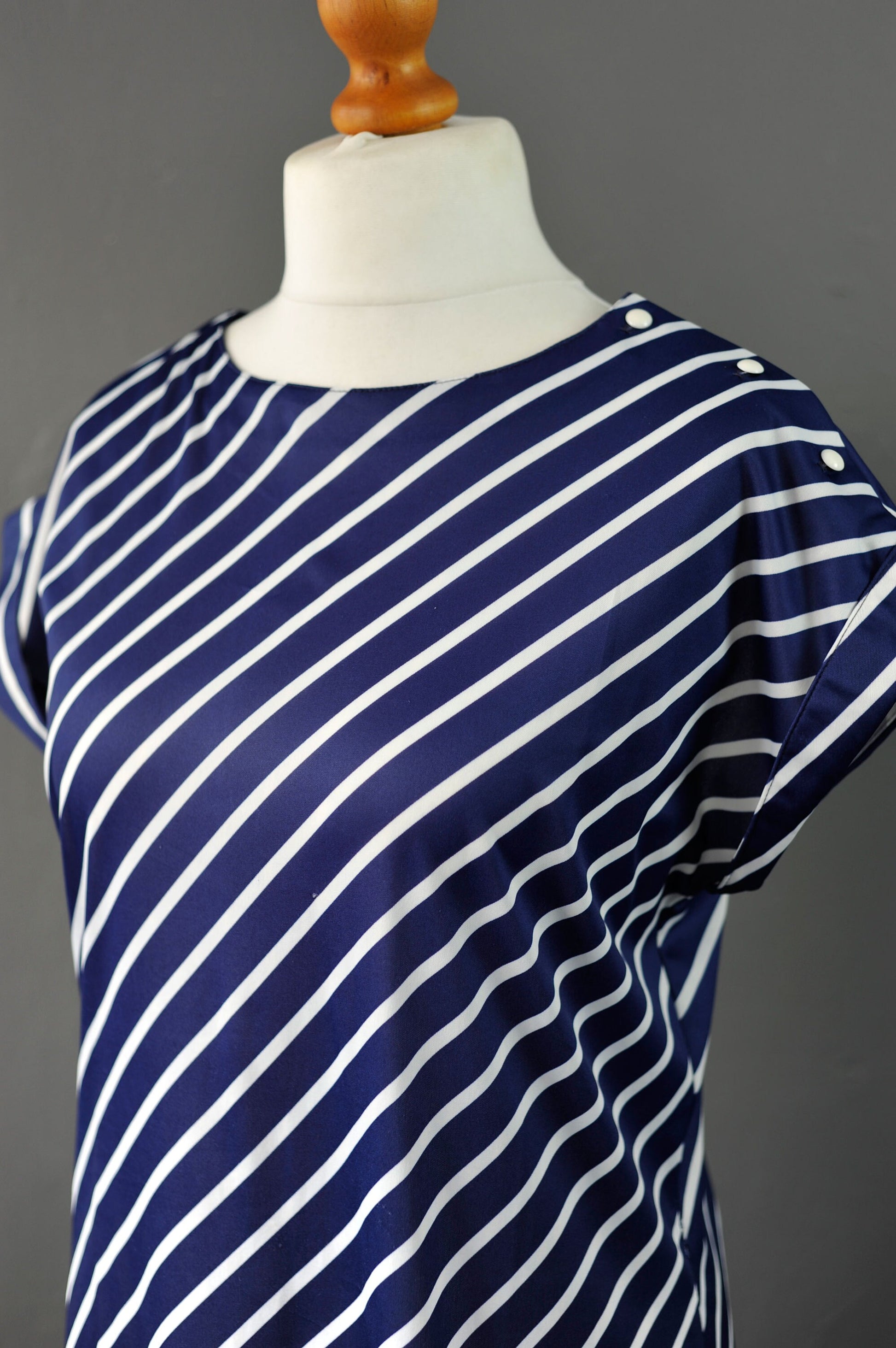 80s Navy Blue Tunic Dress with White Diagonal Stripes, Nautical New Wave, Size Medium
