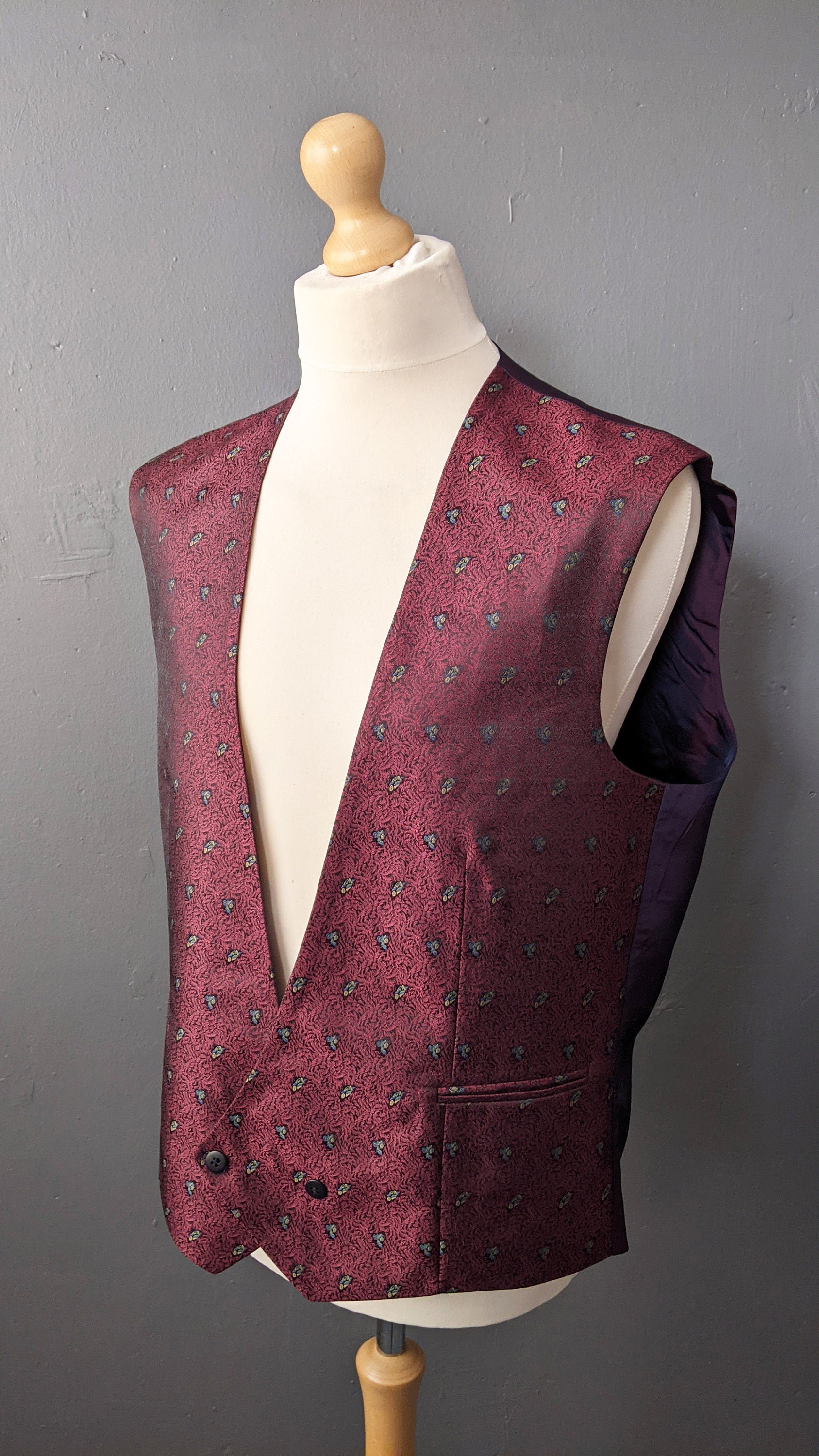 Wine Red Brocade Waistcoat, 80s Vintage Grooms Vest, 46 Chest Size Large