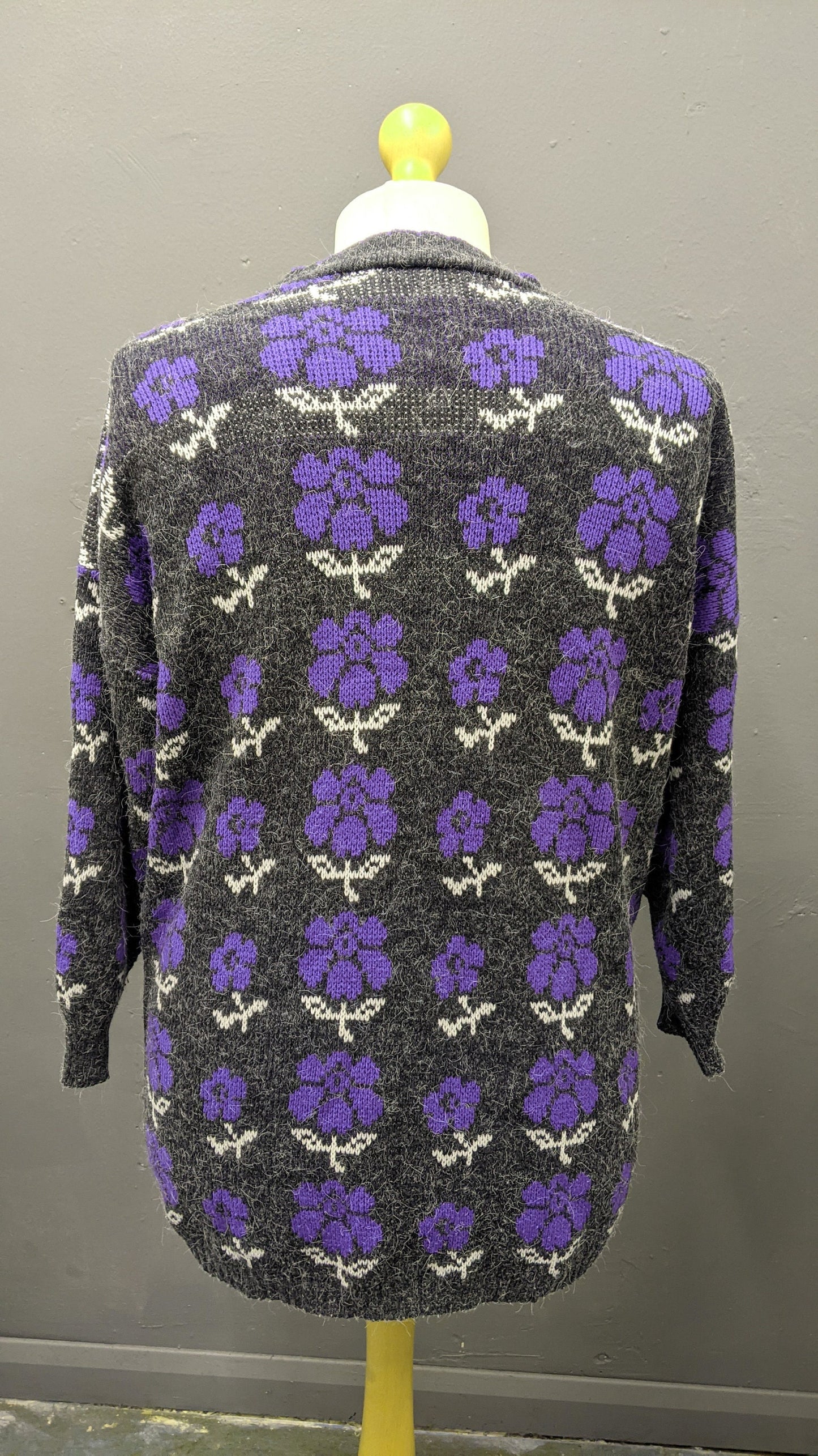 80s Purple Flower Long Sweater by Seven Valleys, Kitsch Jumper, Plus Size XL