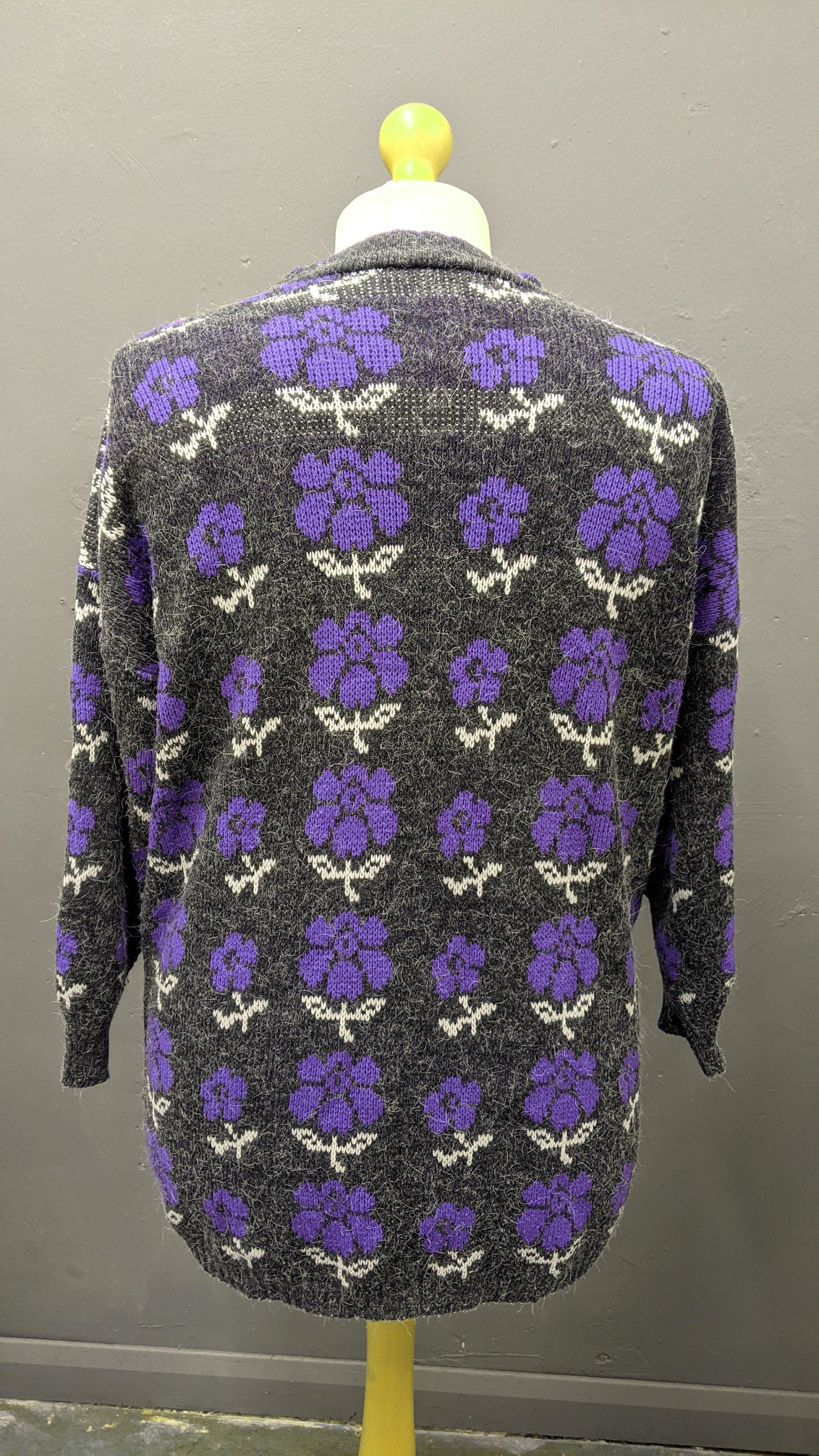 80s Purple Flower Long Sweater by Seven Valleys, Kitsch Jumper, Plus Size XL