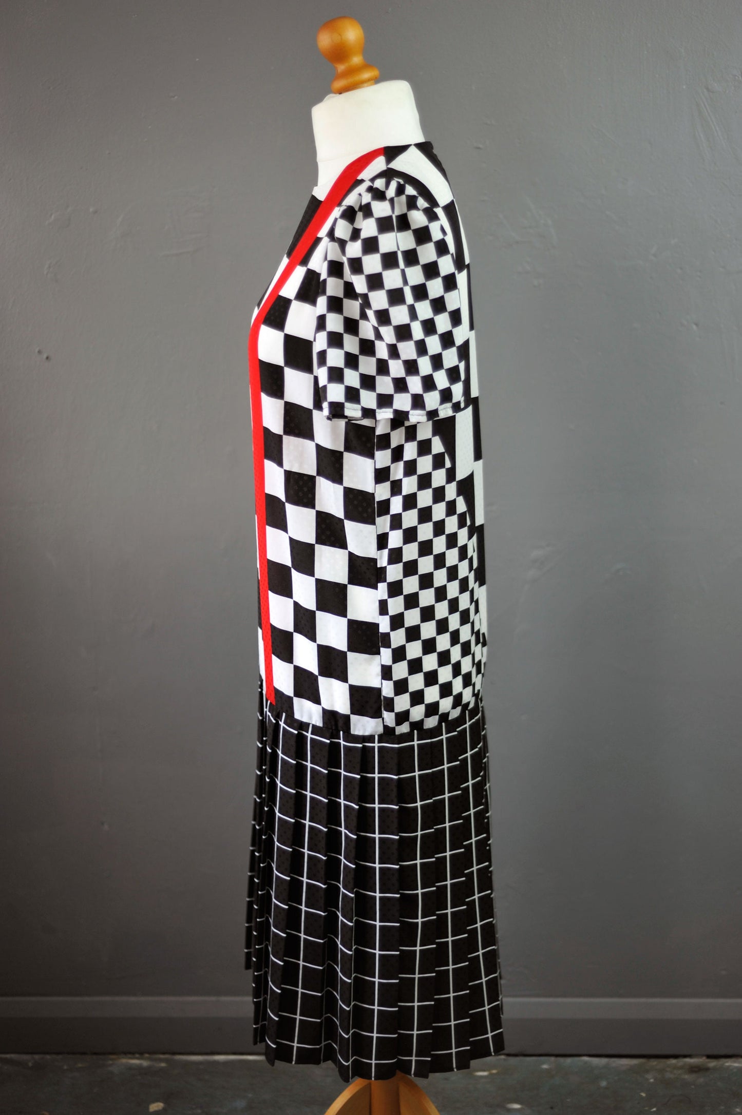 80s Grand Prix Checkered Dress with Pleated Drop Waist, Racing Checks, Size Medium