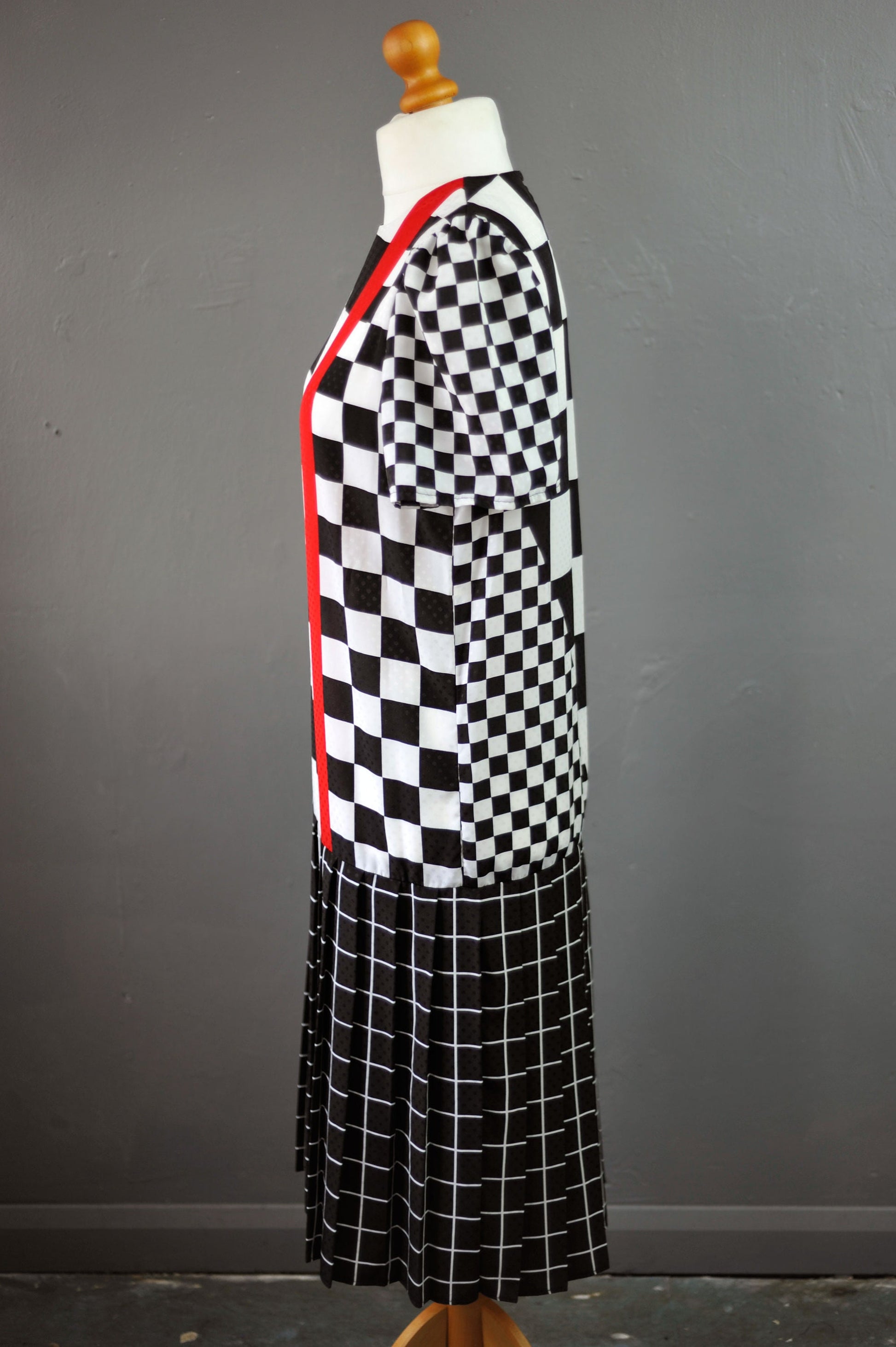 80s Grand Prix Checkered Dress with Pleated Drop Waist, Racing Checks, Size Medium