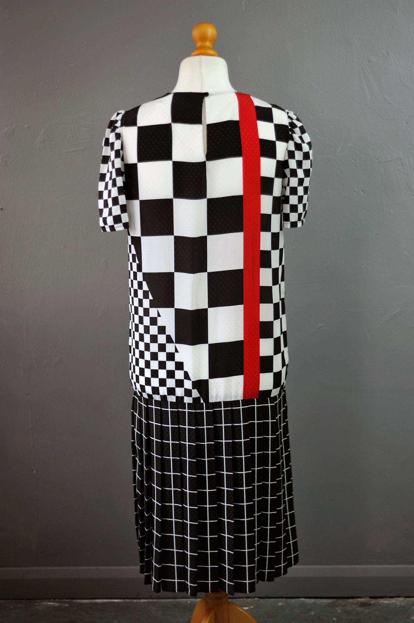 80s Grand Prix Checkered Dress with Pleated Drop Waist, Racing Checks, Size Medium