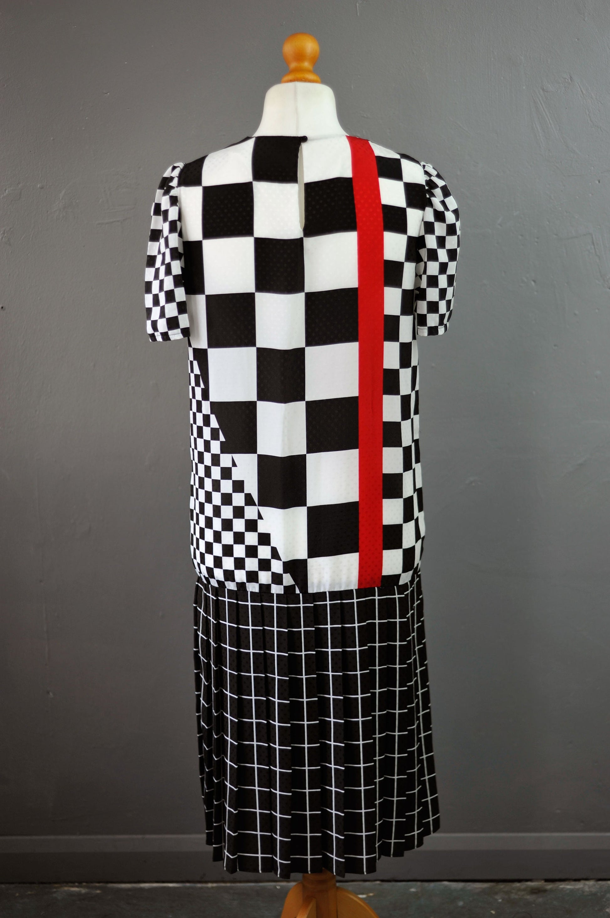 80s Grand Prix Checkered Dress with Pleated Drop Waist, Racing Checks, Size Medium