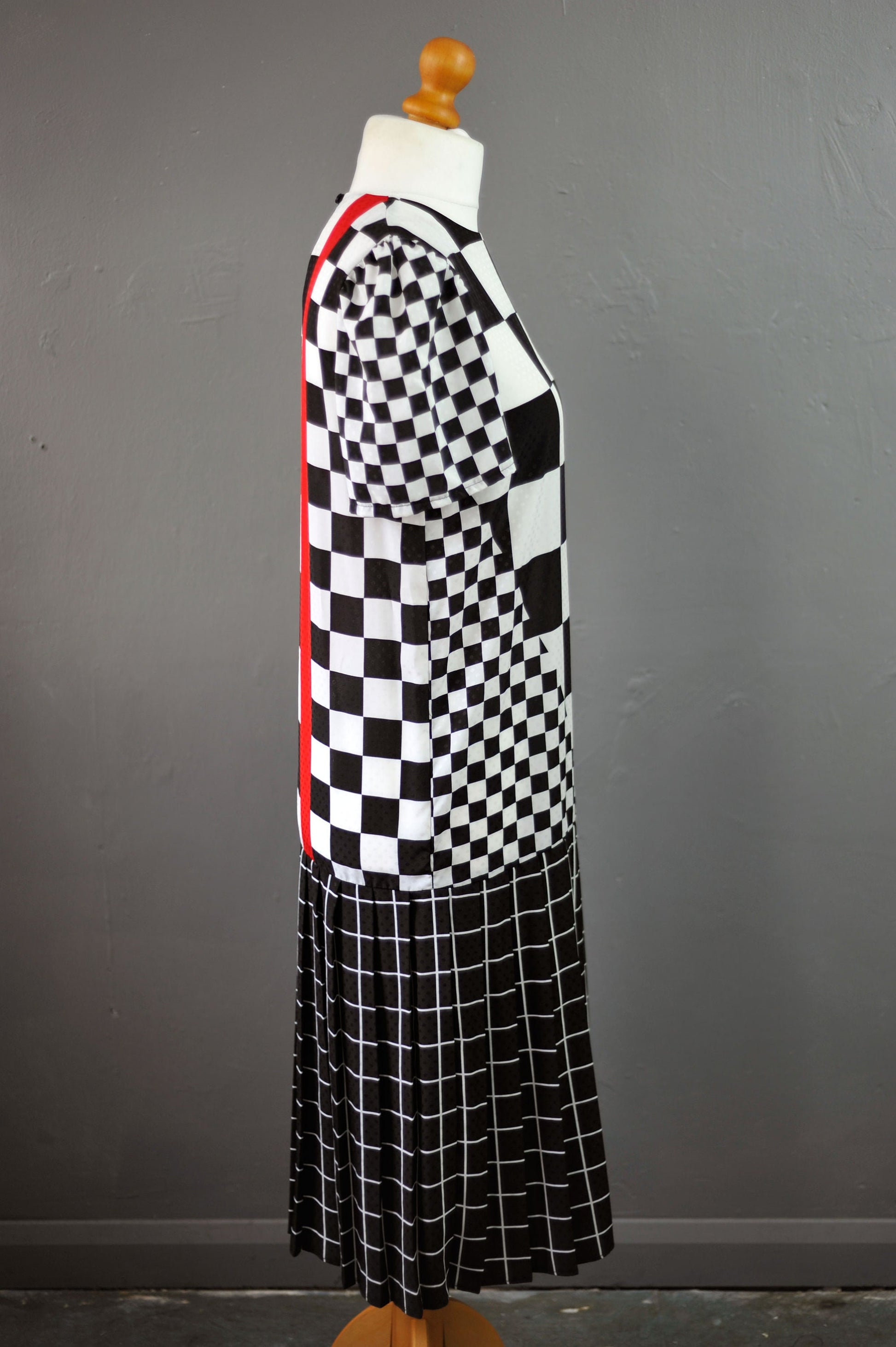 80s Grand Prix Checkered Dress with Pleated Drop Waist, Racing Checks, Size Medium
