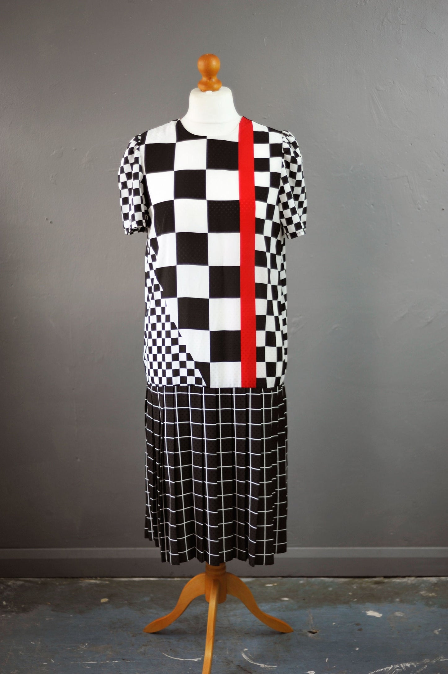 80s Grand Prix Checkered Dress with Pleated Drop Waist, Racing Checks, Size Medium