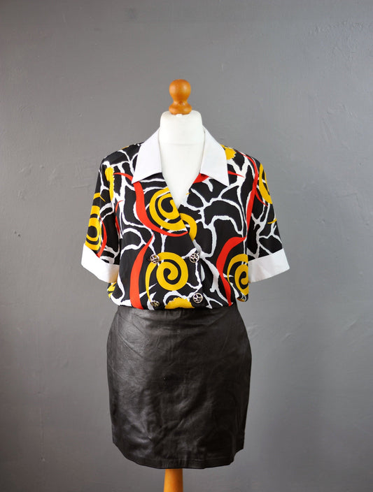 80s Loud Swirl Chiffon Blouse by Louis Daniel, Abstract Doodles Shirt, Size Medium Large