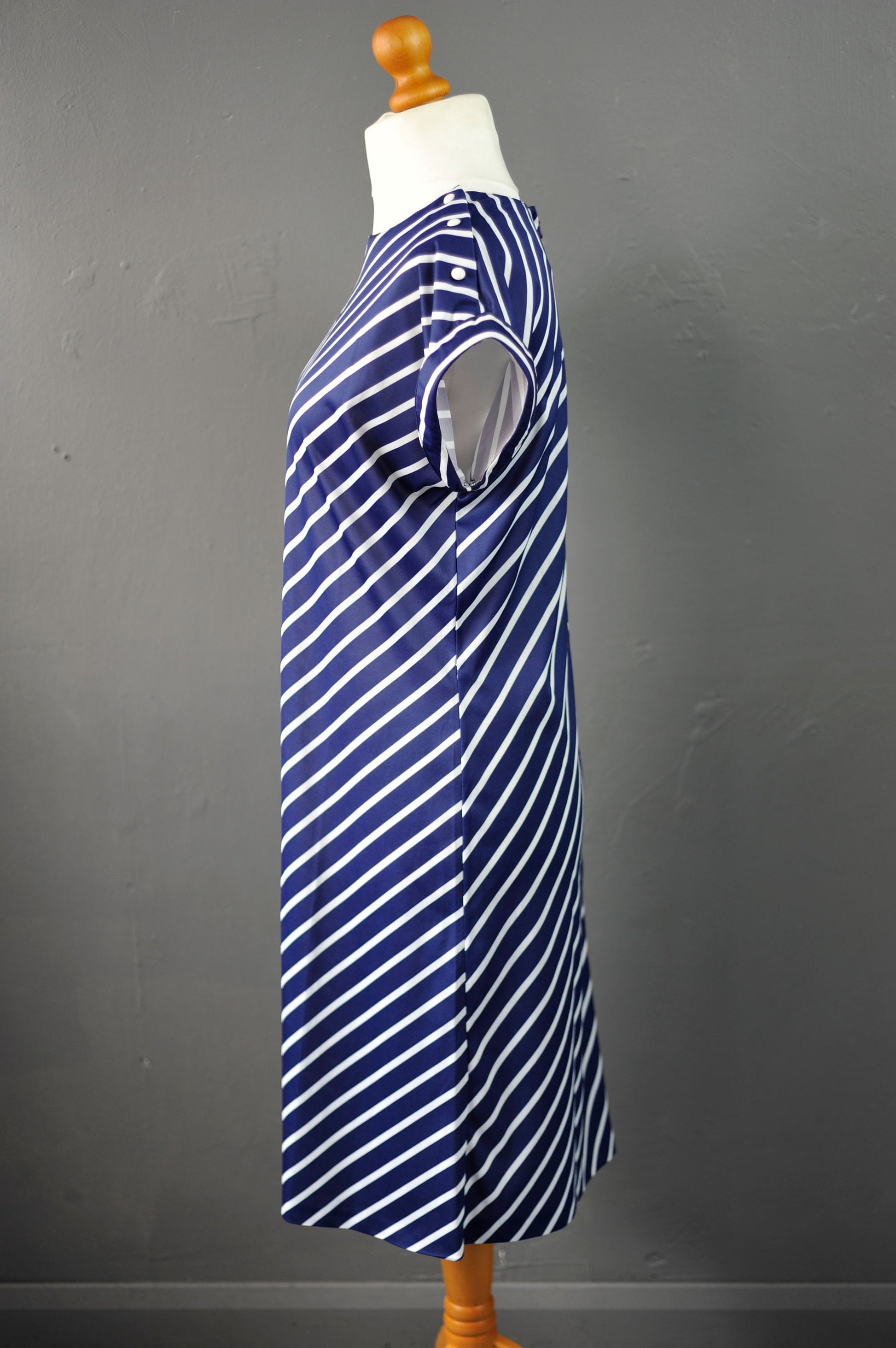 80s Navy Blue Tunic Dress with White Diagonal Stripes, Nautical New Wave, Size Medium