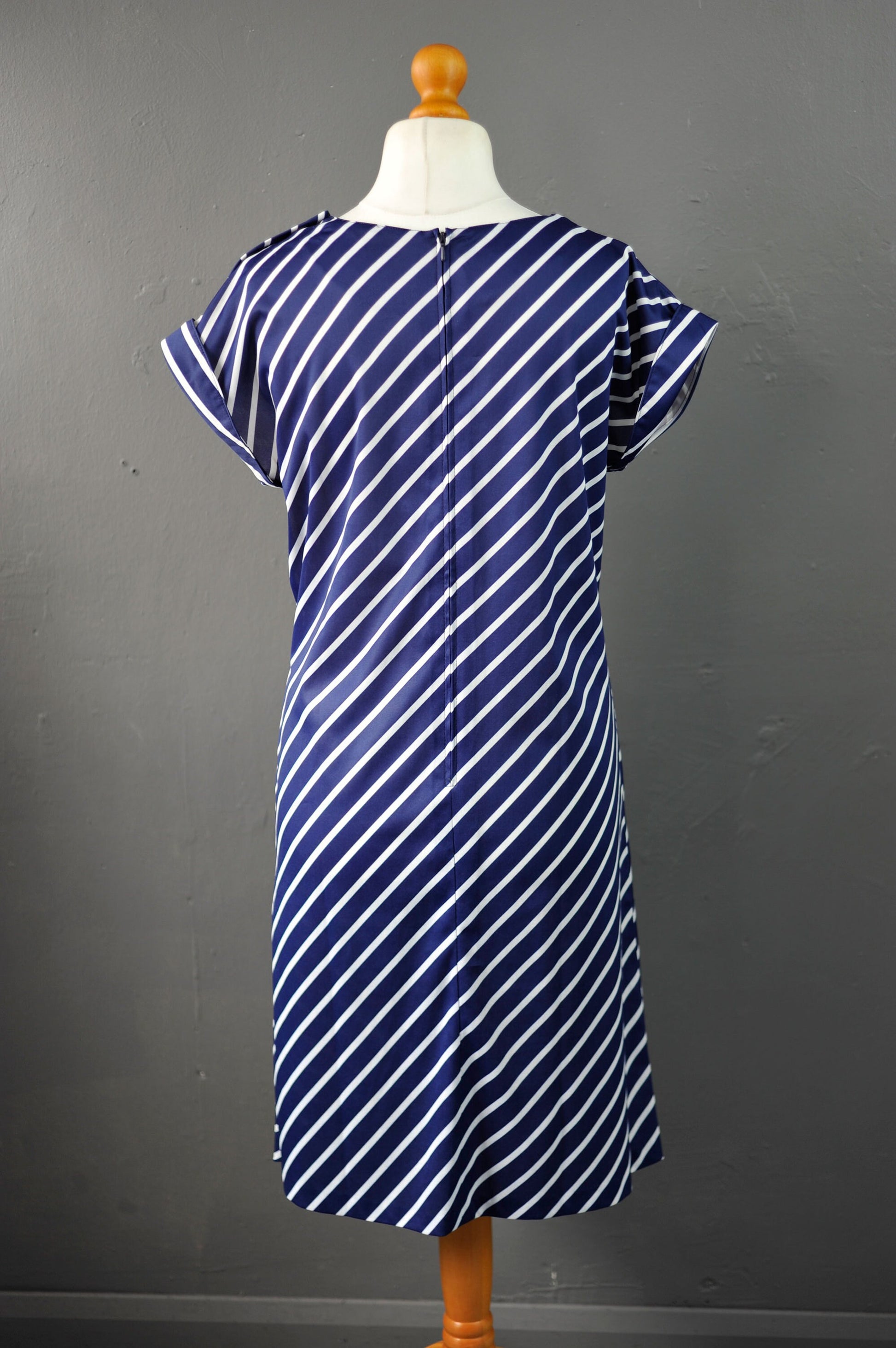 80s Navy Blue Tunic Dress with White Diagonal Stripes, Nautical New Wave, Size Medium