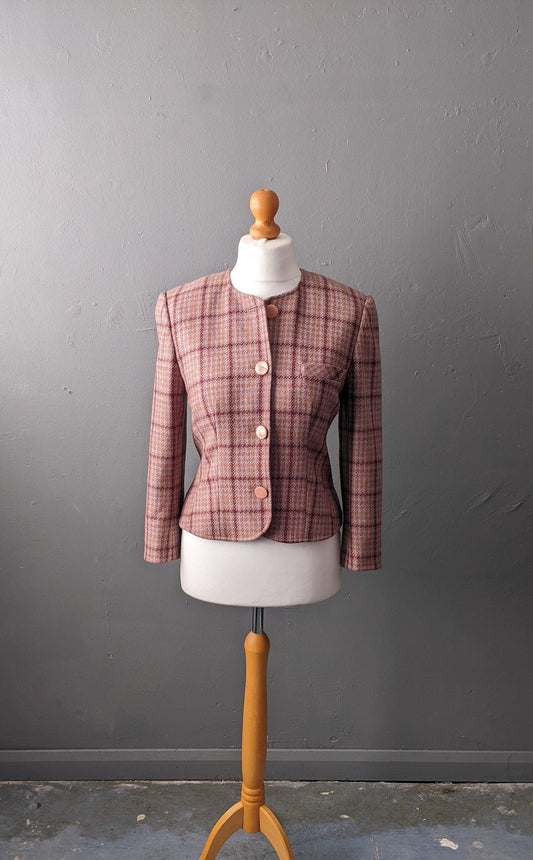 90s Check Wool Tweed Jacket, Fitted Dress Blazer, Size Small Medium