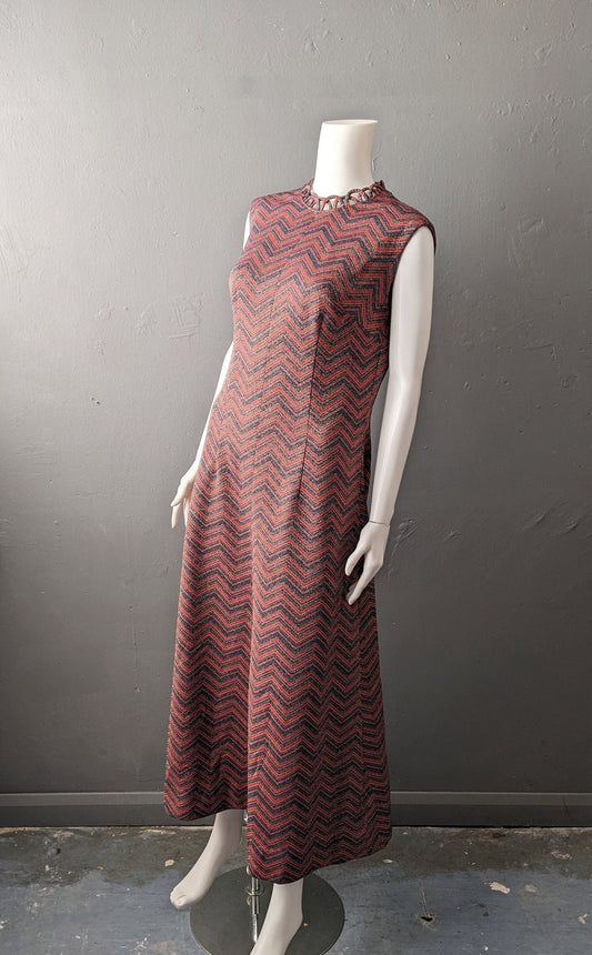 70s Sleeveless Maxi Dress with Zigzag Stripes, Summer Lurex Sparkle, Size Medium