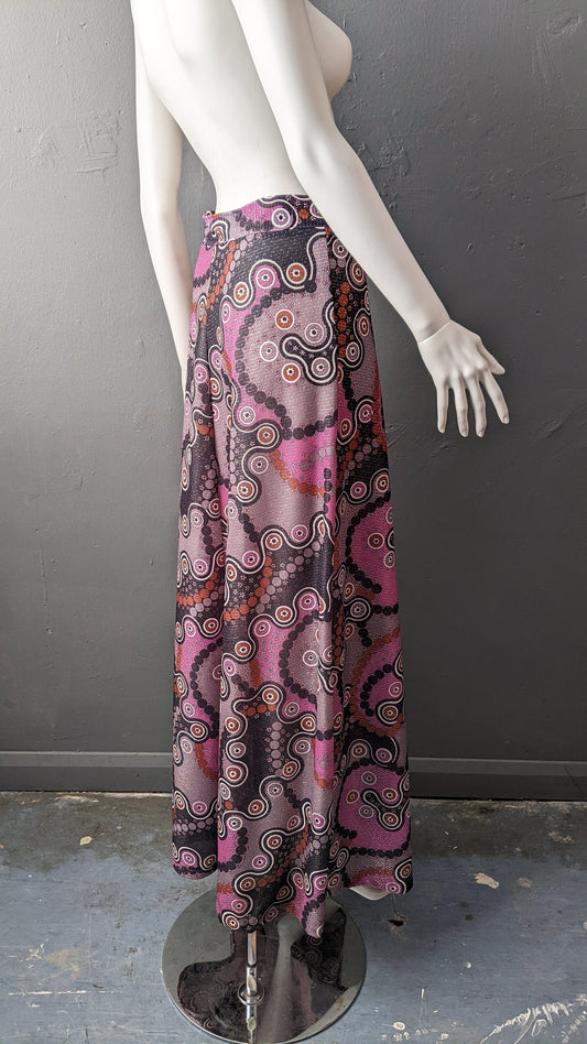 70s Psychedelic Maxi Skirt by Judith Paul, Abstract Circles and Daisies, Size Small