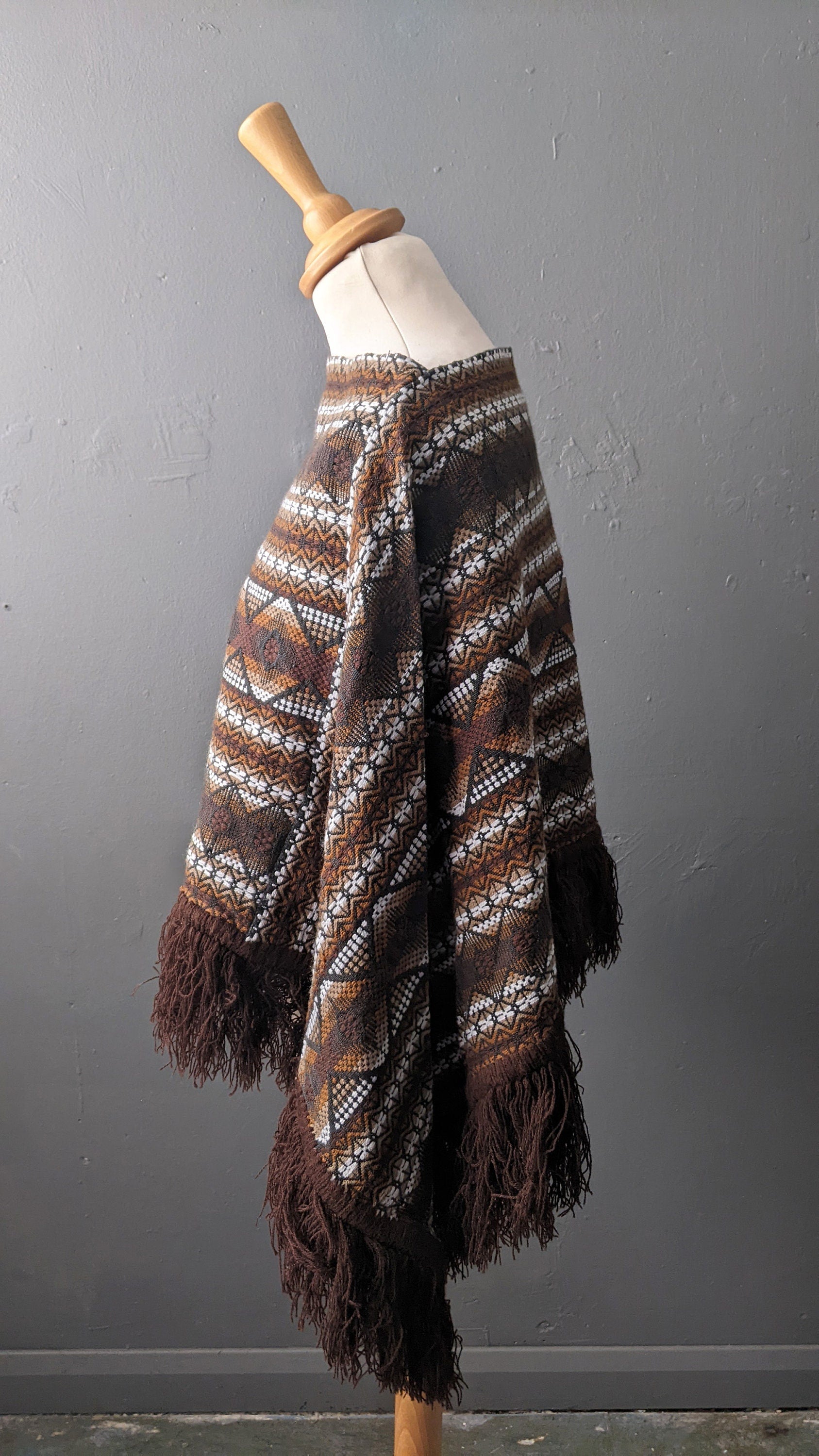 Vintage Guatemalan Poncho with Fringe, 70s Ethnic Boho, One Size