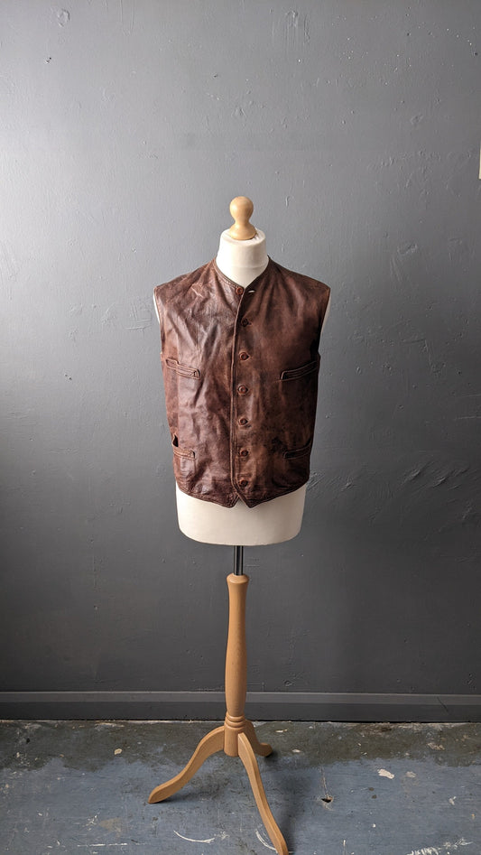 1940s Mens Leather Waistcoat, Vintage WWII Workwear, 40 Chest Size Medium