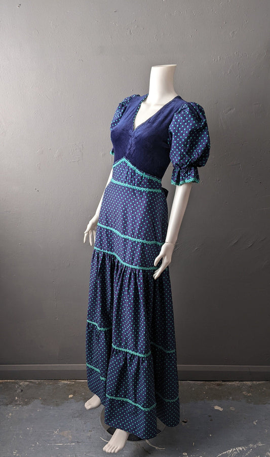 70s Polka Dot Maxi Dress by C&A, Victoriana Prairie Style with Puff Sleeves, Size Small