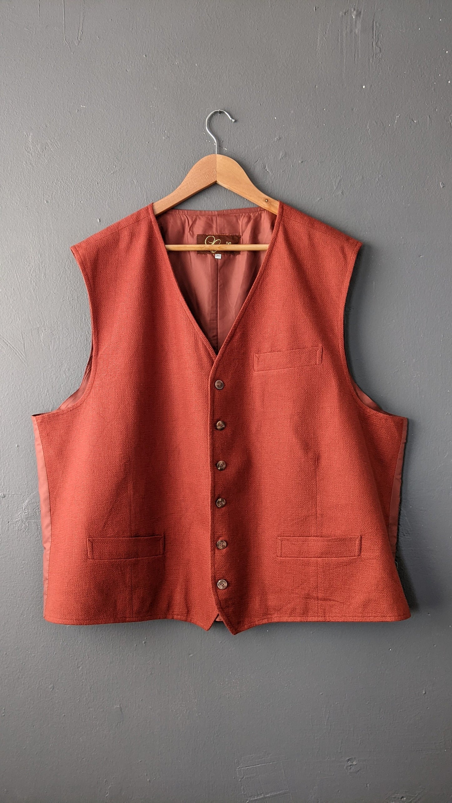 Mens Linen Blend Waistcoat, 90s Rustic Hipster, Size XXL 52 Chest