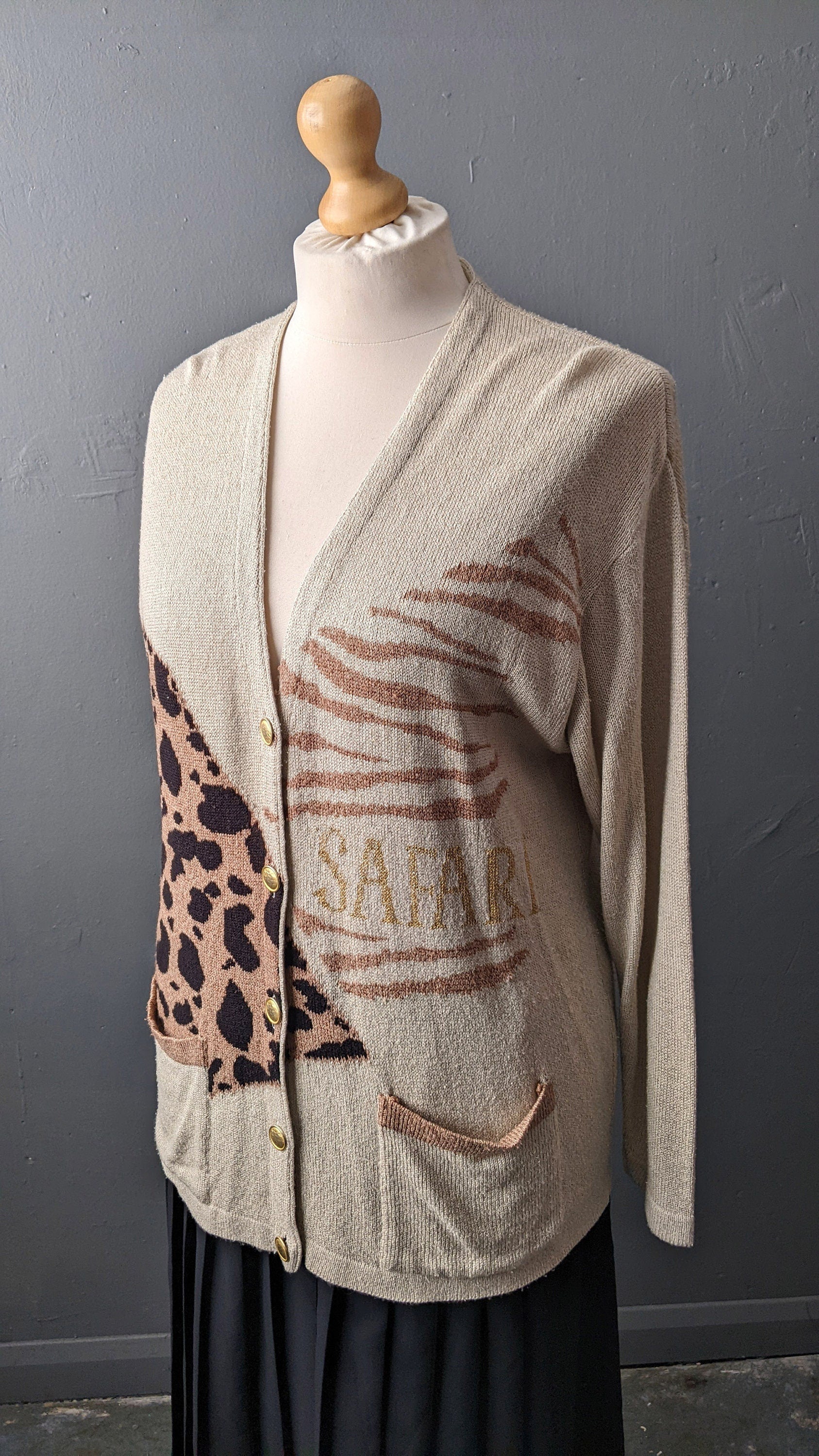 90s Silk Cardigan, Lightweight Summer Knit, Leopard Print Safari, Plus Size XXL